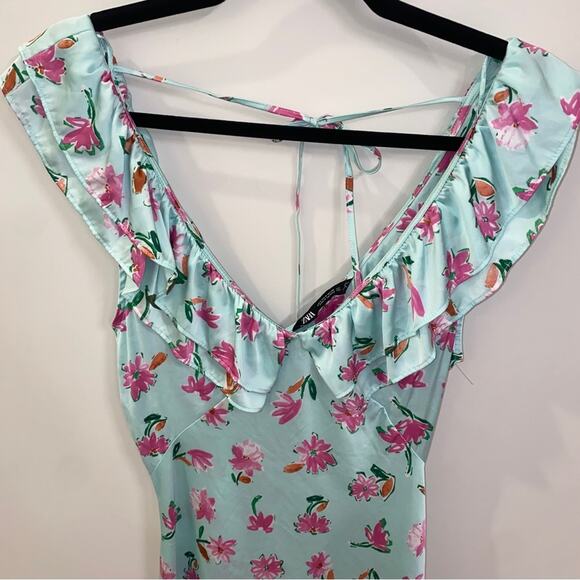 Zara Style 2157 / 046 Mint Green Pink Floral Ruffle Satin Slit Midi Dress Small - Picture 5 of 16